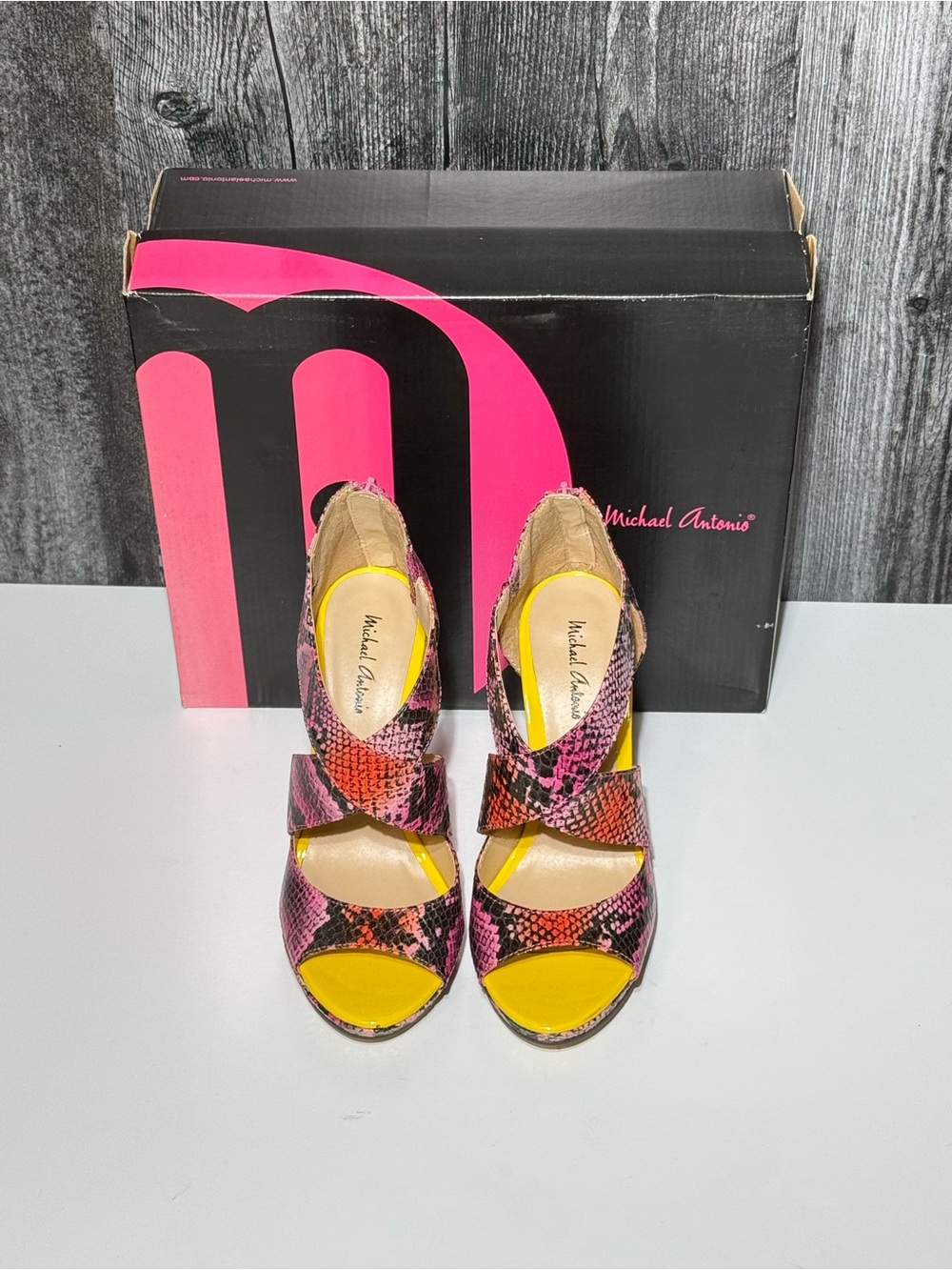 Michael Antonio Pink & Yellow Snake-Print Platform Sandals